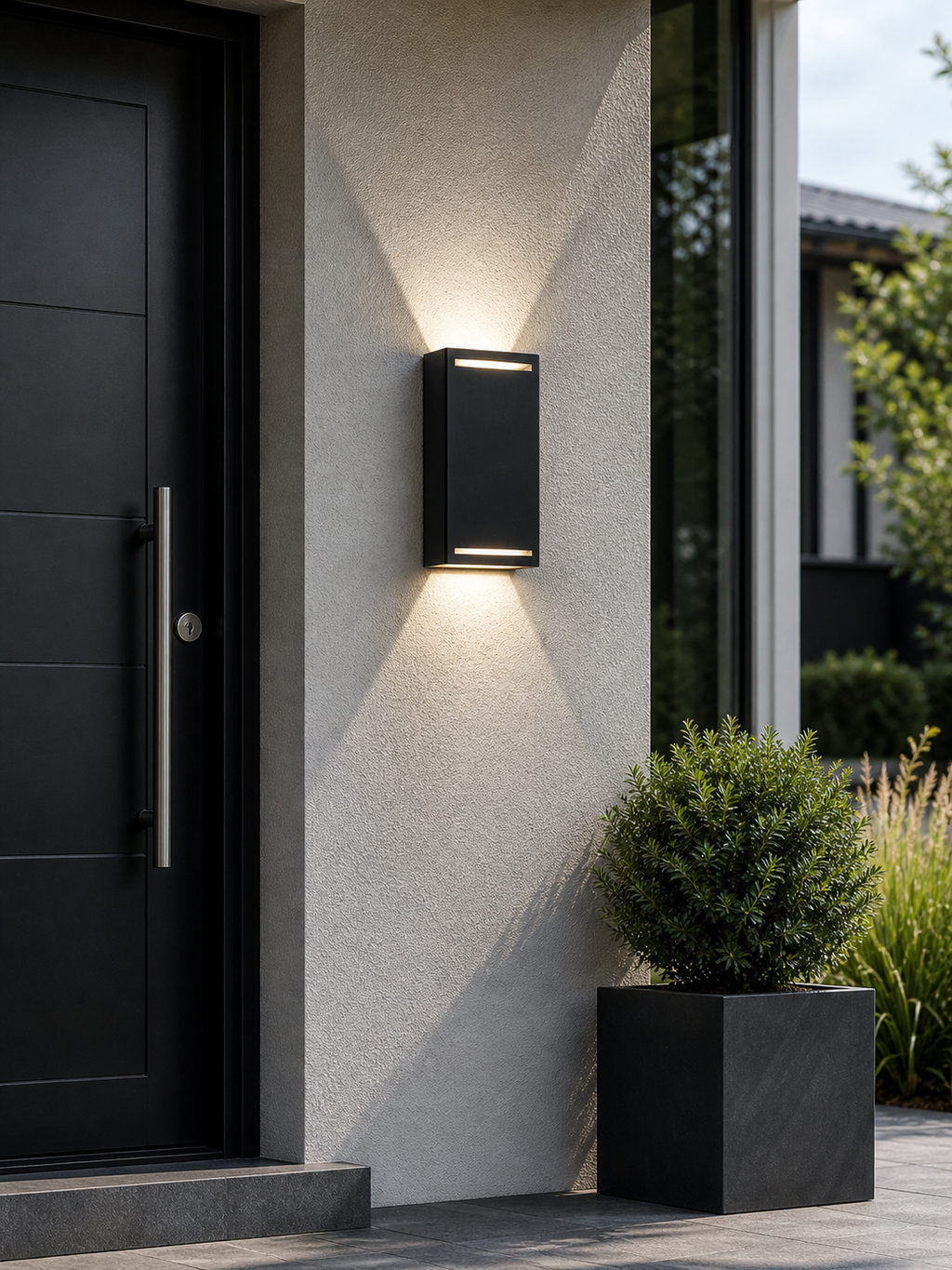 Lampada da Parete per Esterni con Struttura Rettangolare in Metallo e Doppia Apertura Luminosa