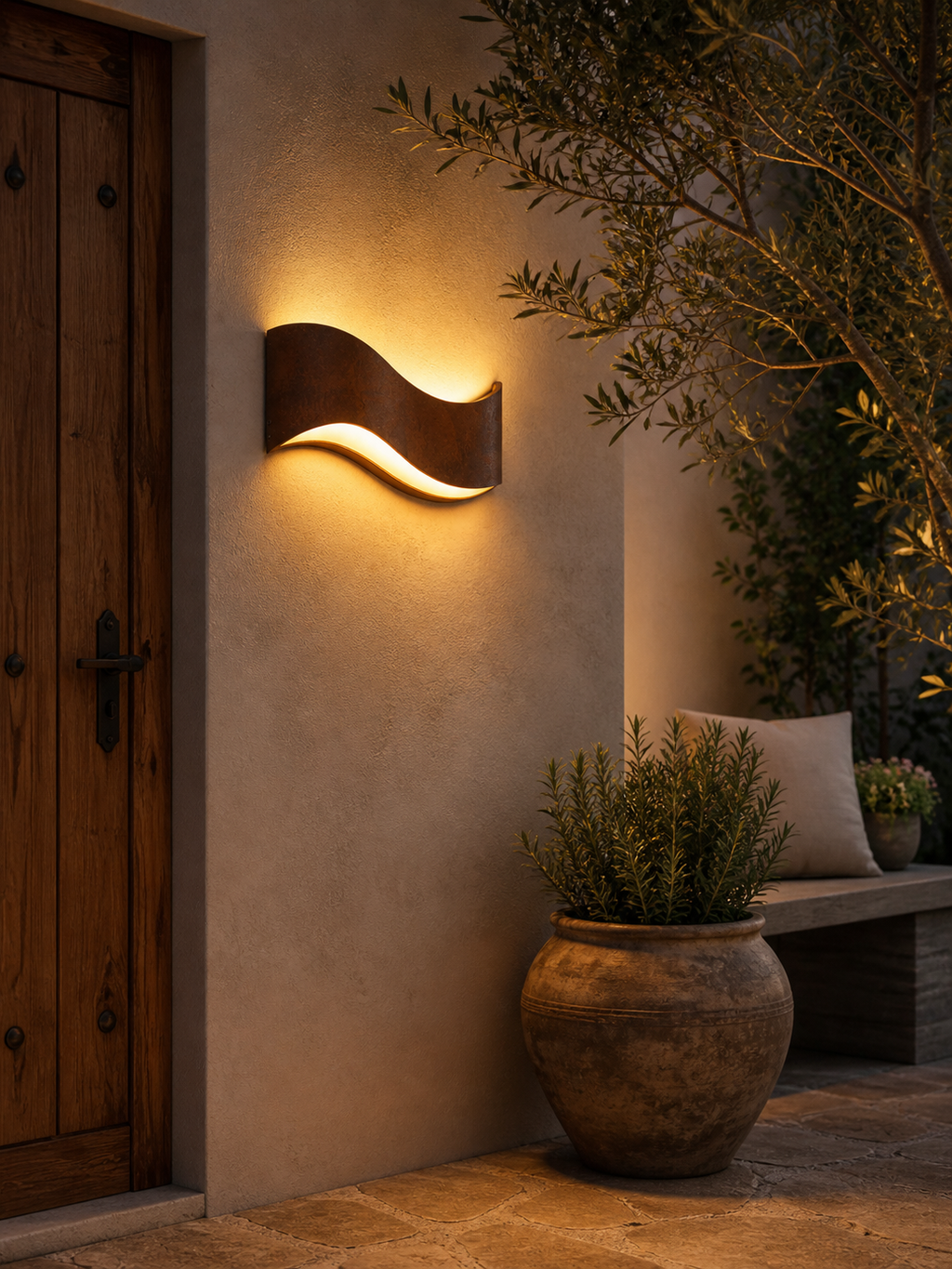 Lampada da Parete per Esterni con Schermo Curvo in Metallo e Design a Luce Nascosta