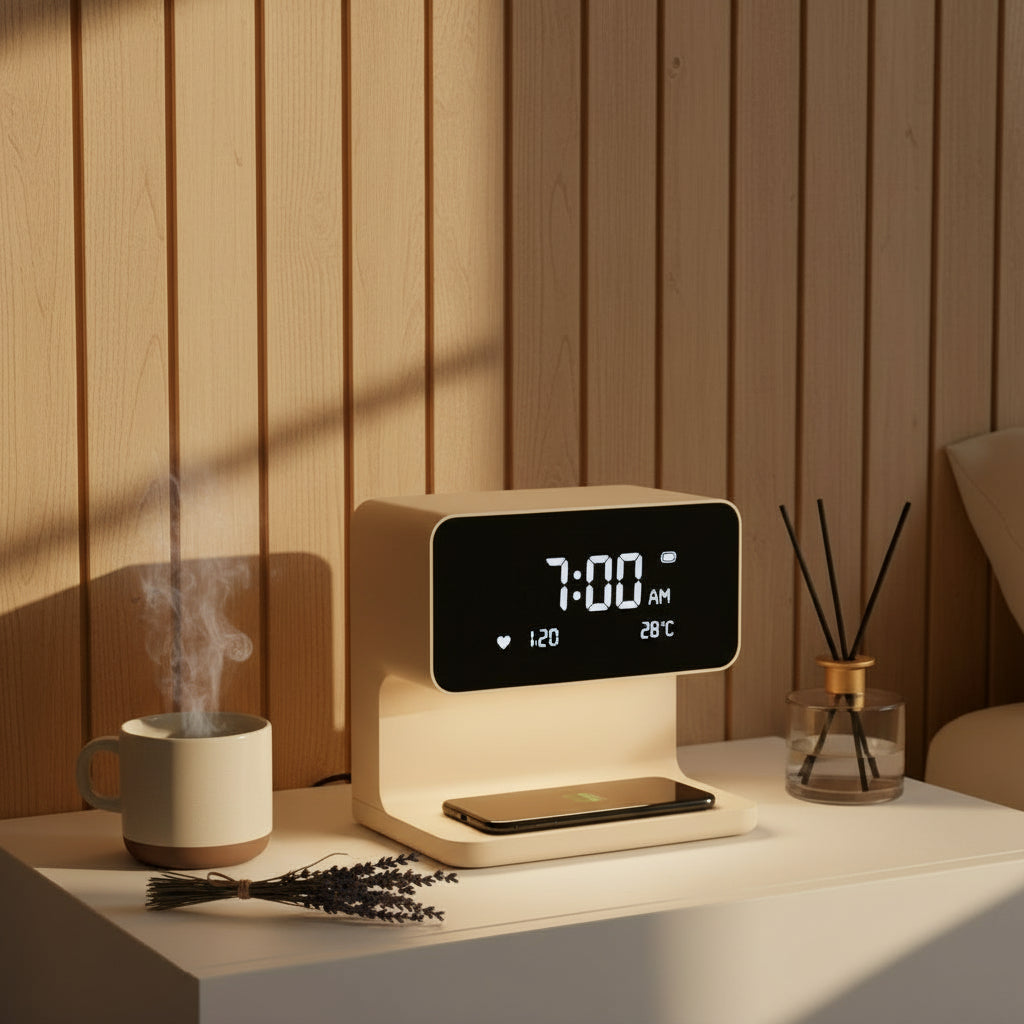 Lampe de chevet | LED à intensité variable avec recharge sans fil et réveil numérique