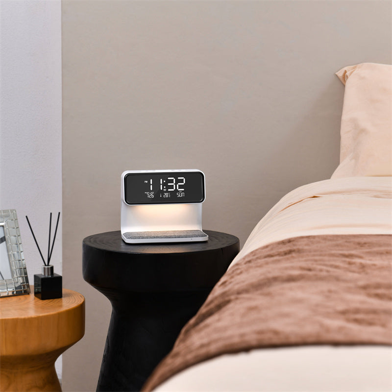 Lampe de chevet | LED à intensité variable avec recharge sans fil et réveil numérique