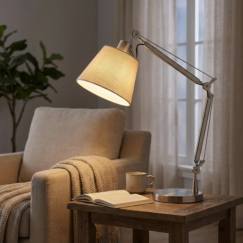 Luma Lampada da Tavolo | Braccio Snodato, Paralume in Tessuto, Design Versatile