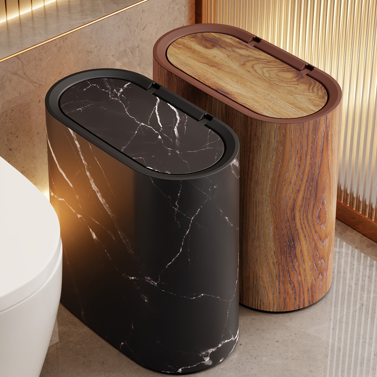 MarmoBin Poubelle moderne | Design ovale avec couvercle, finition effet marbre