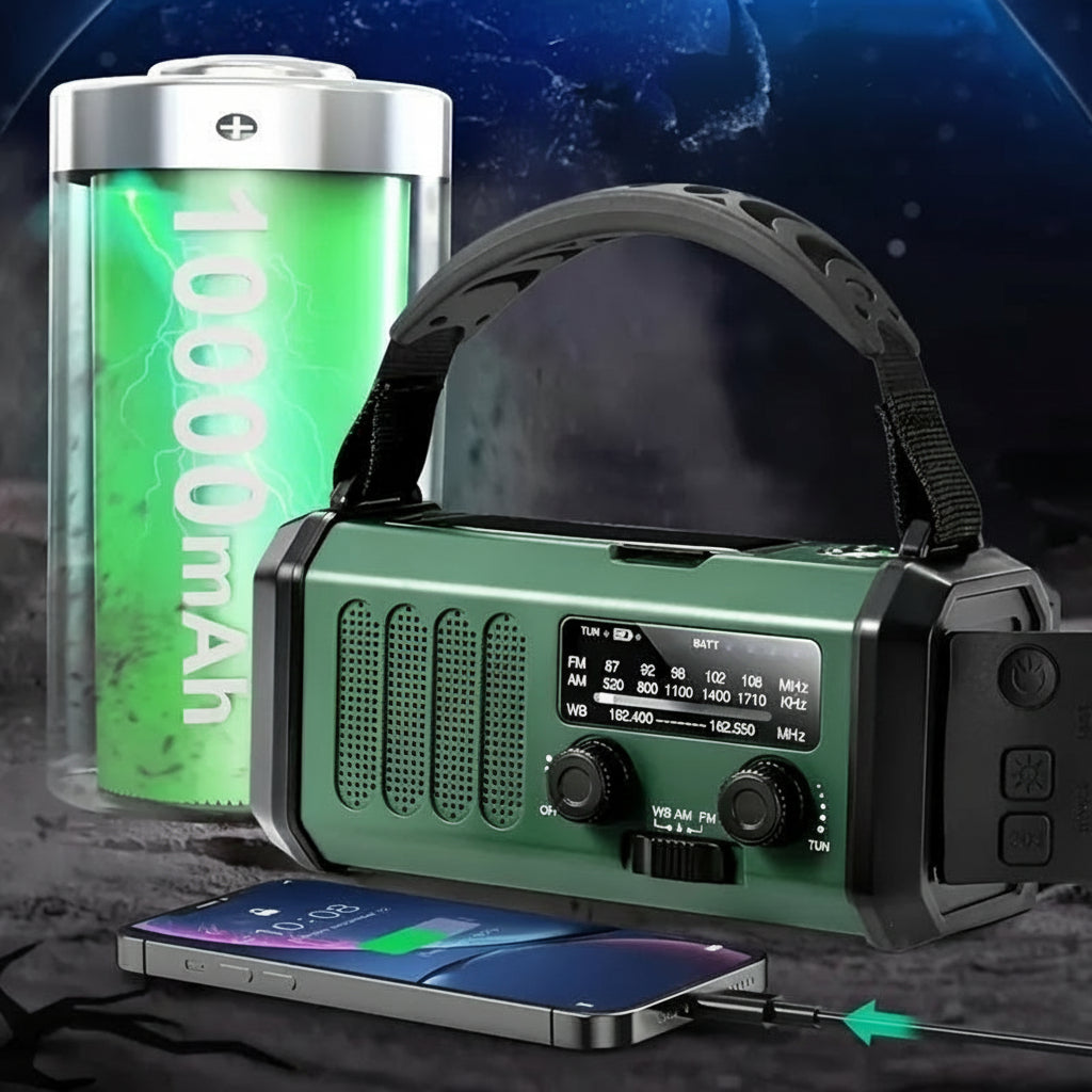 Radio di Emergenza Multifunzione | Pannello Solare, Manovella, Powerbank Integrati