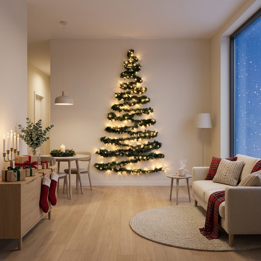Albero di Natale da Parete con Luci LED a Batteria, 3 Misure