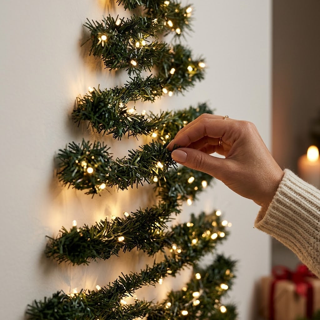 Albero di Natale da Parete con Luci LED a Batteria, 3 Misure