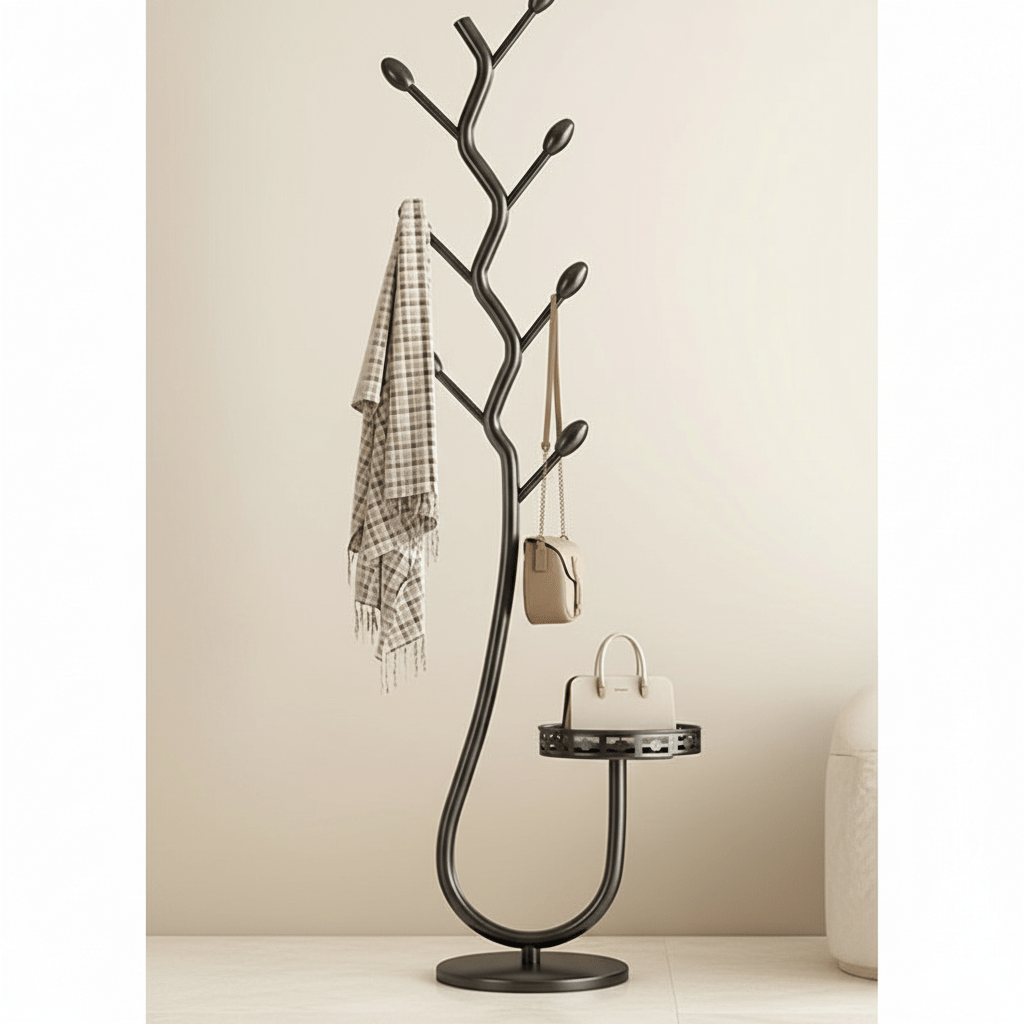 Appendiabiti da Terra ad Albero in Ferro Nero, Design a Rami