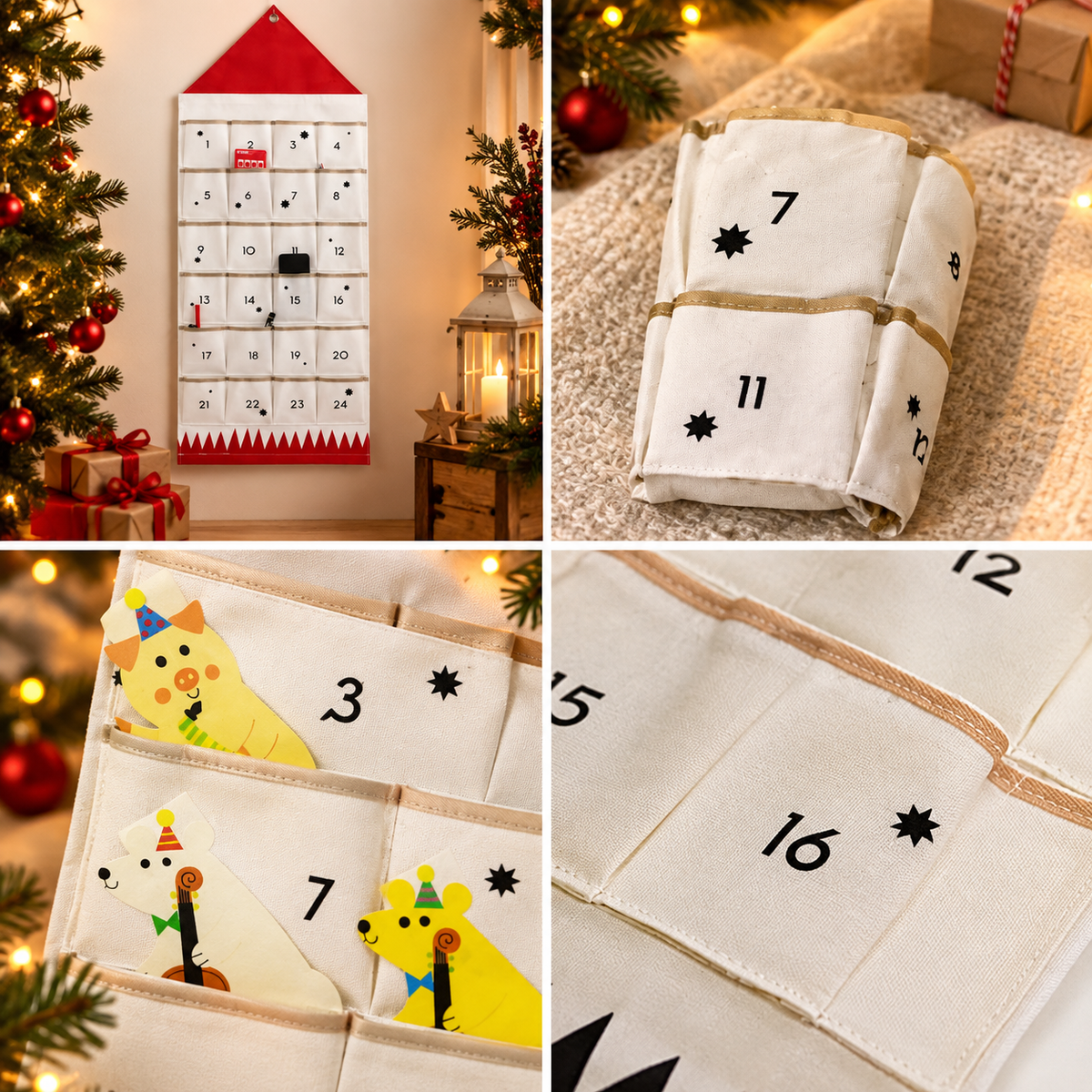 Calendario dell'Avvento in Stoffa con 24 Tasche Riutilizzabili