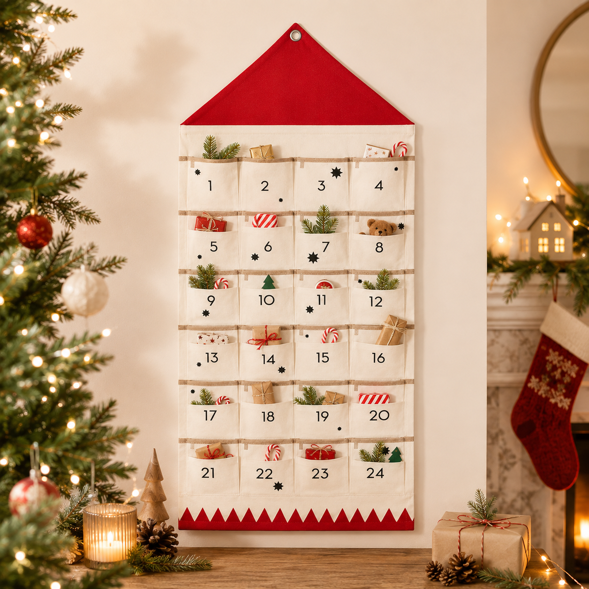 Calendario dell'Avvento in Stoffa con 24 Tasche Riutilizzabili
