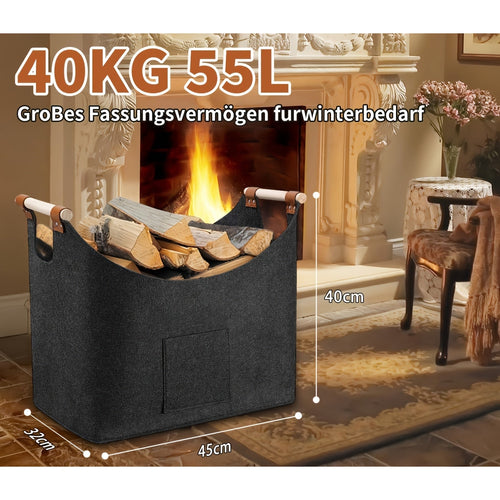 Cesto Portalegna in Feltro Pieghevole 55L, Grigio Scuro