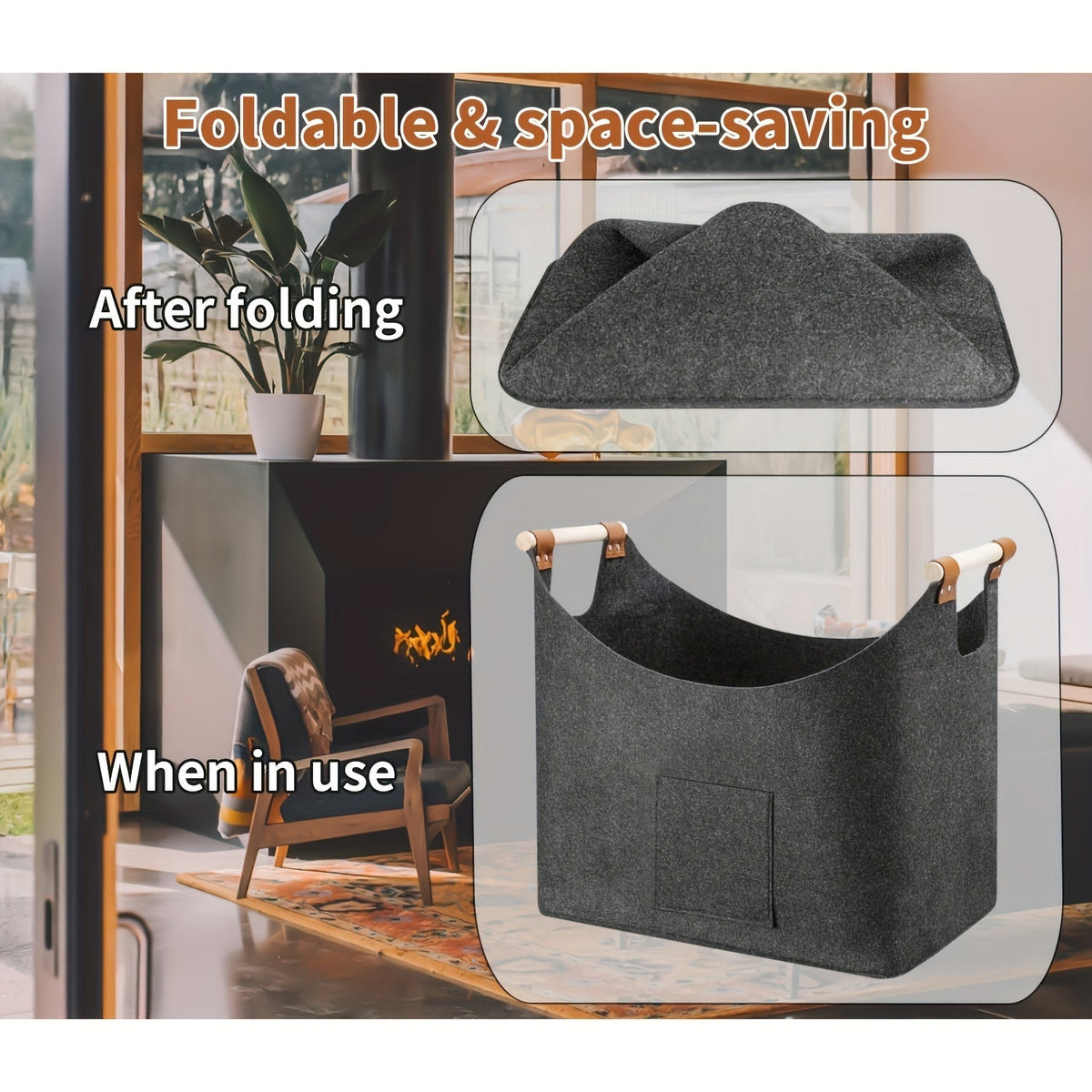 Cesto Portalegna in Feltro Pieghevole 55L, Grigio Scuro