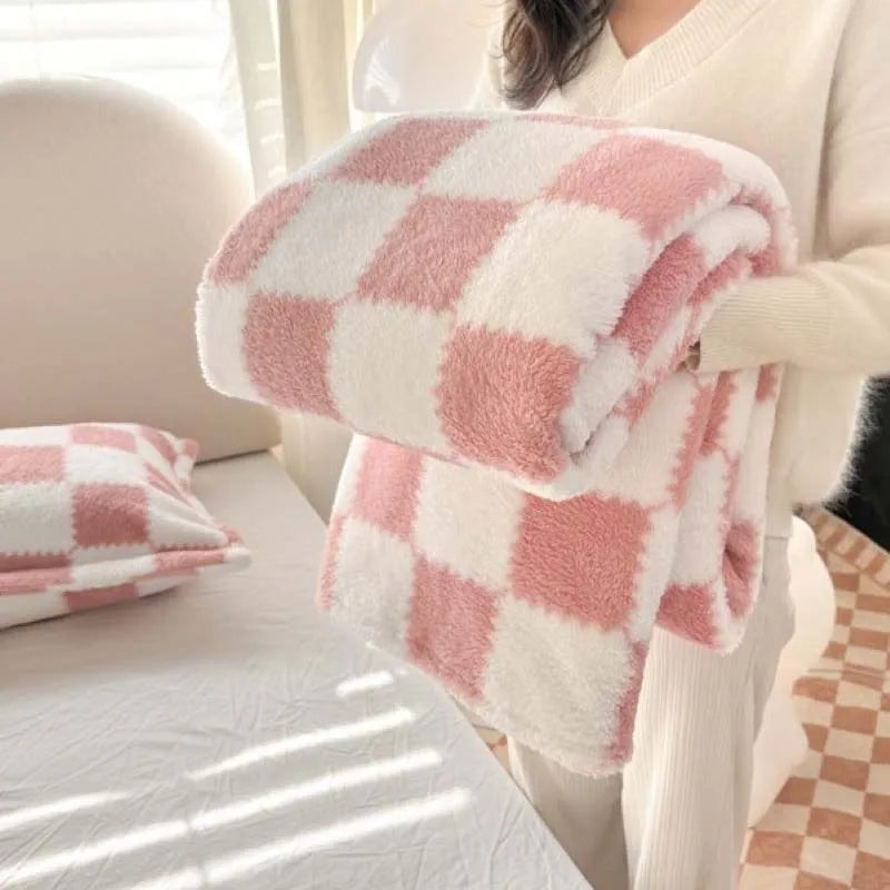 Coperta in Flanella a Quadri, Morbida e Traspirante, Rosa/Bianco