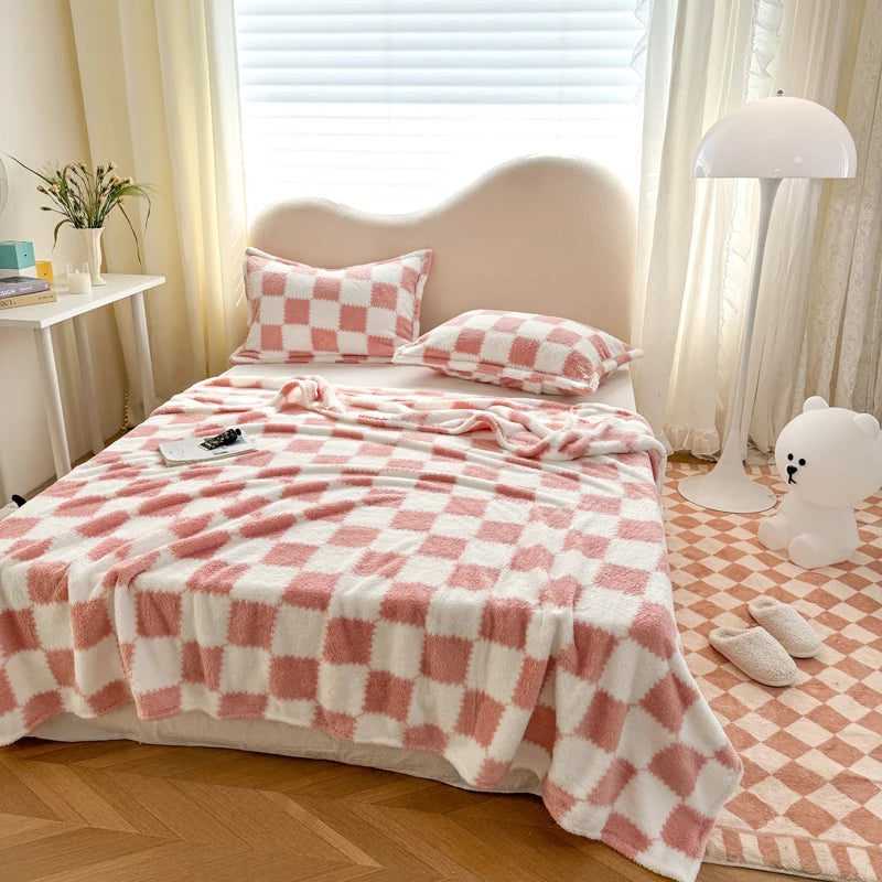 Coperta in Flanella a Quadri, Morbida e Traspirante, Rosa/Bianco
