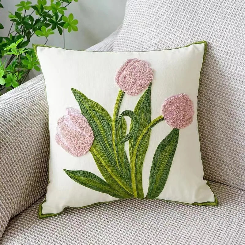 Federa Ricamata in Cotone Canvas con Motivo Floreale Country