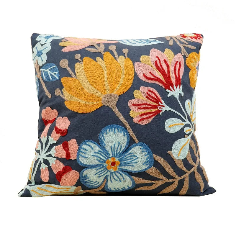Federa Ricamata in Cotone Canvas con Motivo Floreale Country