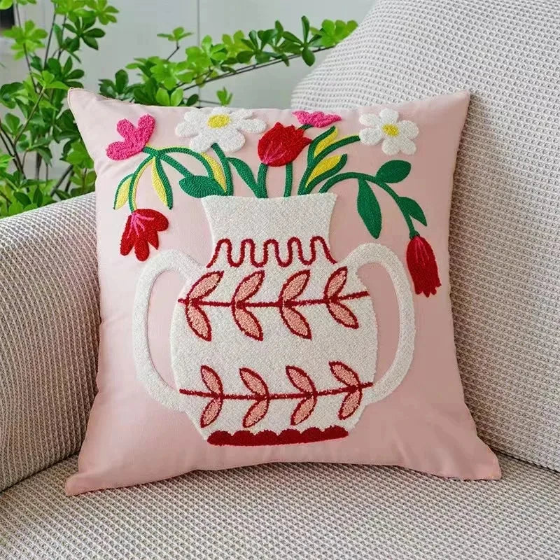 Federa Ricamata in Cotone Canvas con Motivo Floreale Country