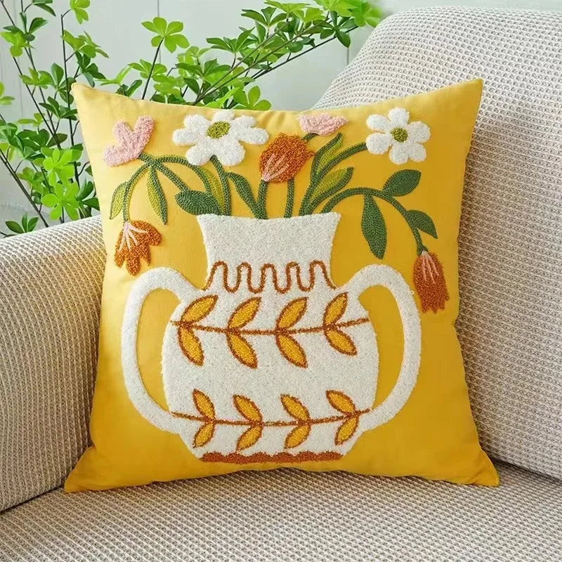 Federa Ricamata in Cotone Canvas con Motivo Floreale Country