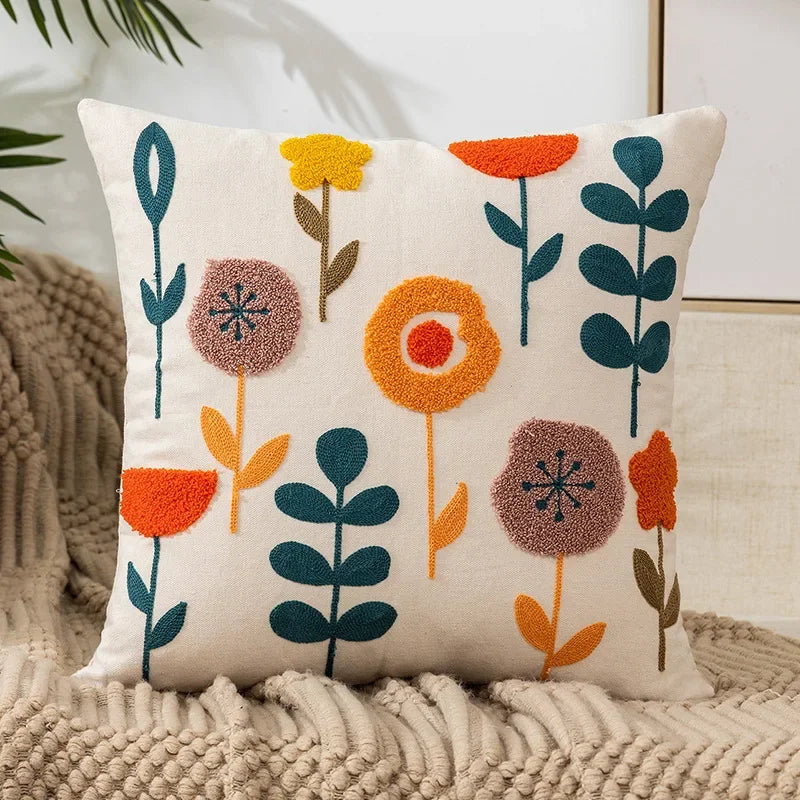 Federa Ricamata in Cotone Canvas con Motivo Floreale Country
