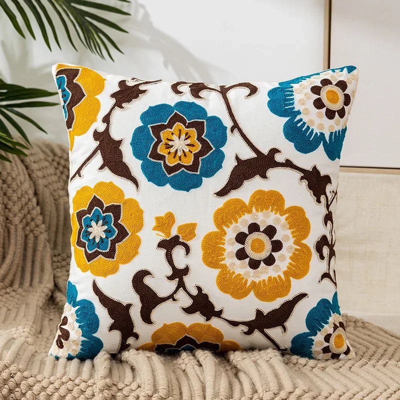 Federa Ricamata in Cotone Canvas con Motivo Floreale Country