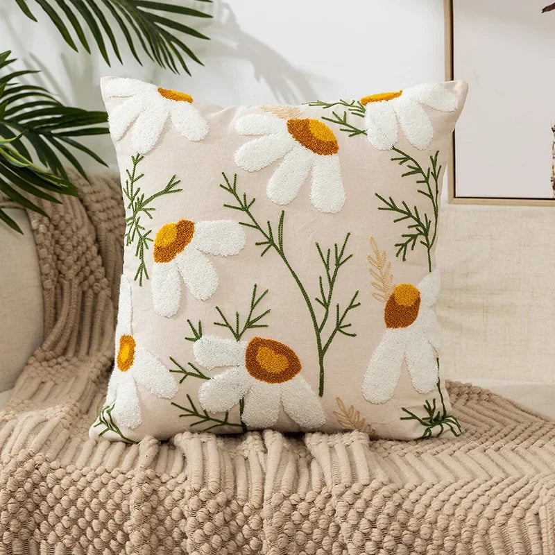 Federa Ricamata in Cotone Canvas con Motivo Floreale Country
