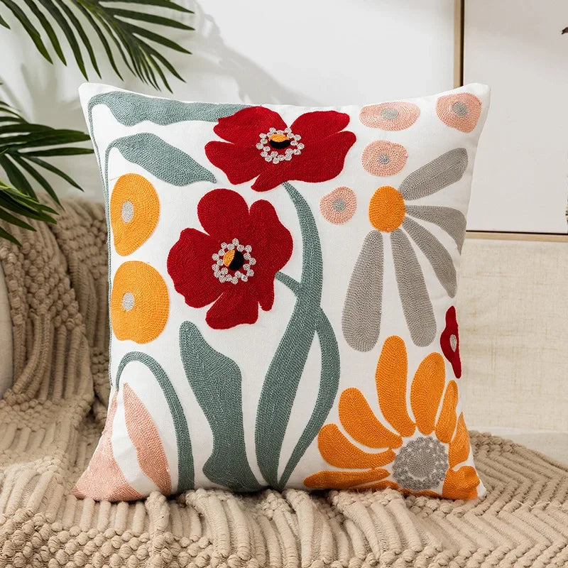 Federa Ricamata in Cotone Canvas con Motivo Floreale Country