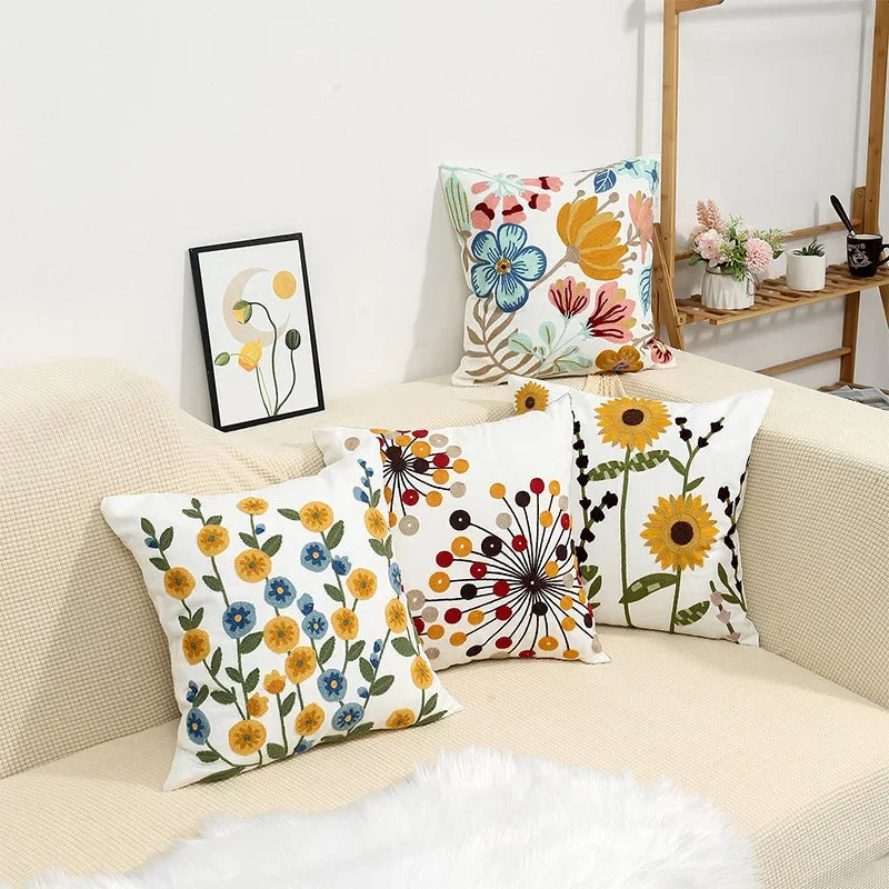 Federa Ricamata in Cotone Canvas con Motivo Floreale Country