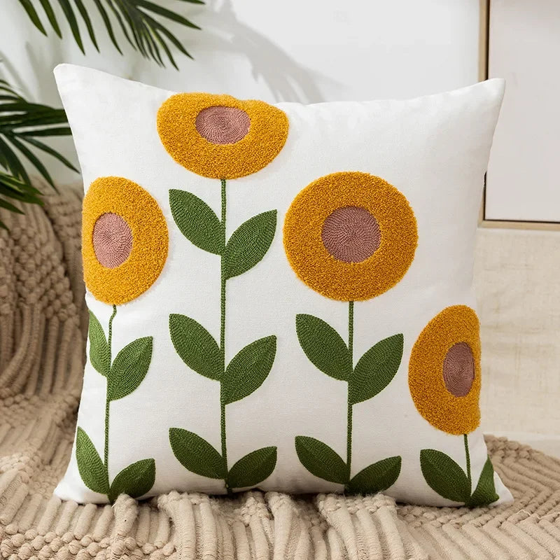 Federa Ricamata in Cotone Canvas con Motivo Floreale Country