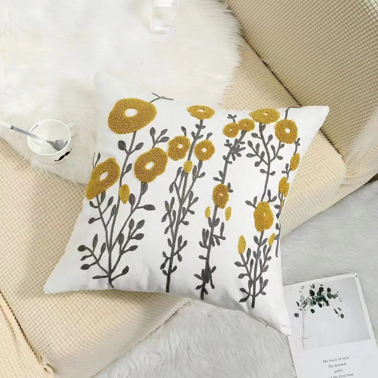 Federa Ricamata in Cotone Canvas con Motivo Floreale Country