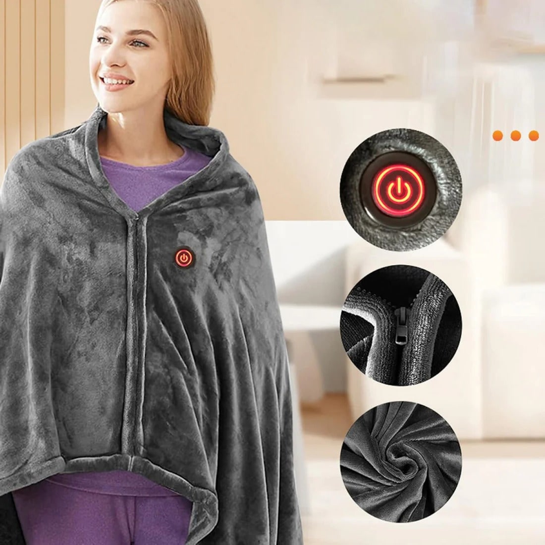 Mantella Riscaldata in Pile con USB e Zip, Coperta Portatile Grigia