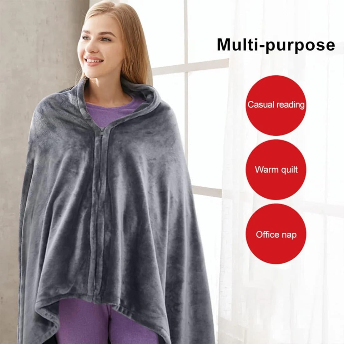 Mantella Riscaldata in Pile con USB e Zip, Coperta Portatile Grigia