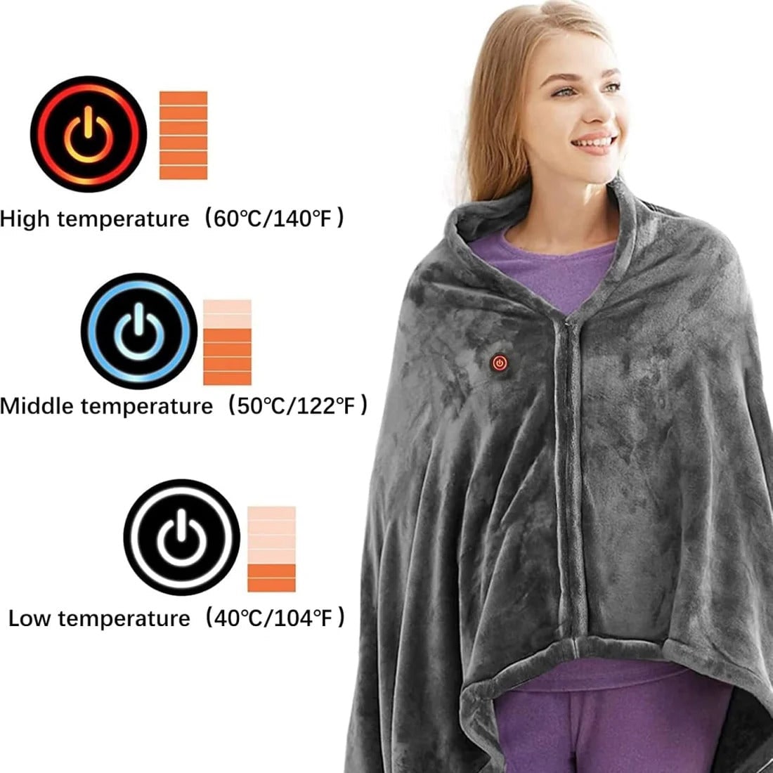 Mantella Riscaldata in Pile con USB e Zip, Coperta Portatile Grigia