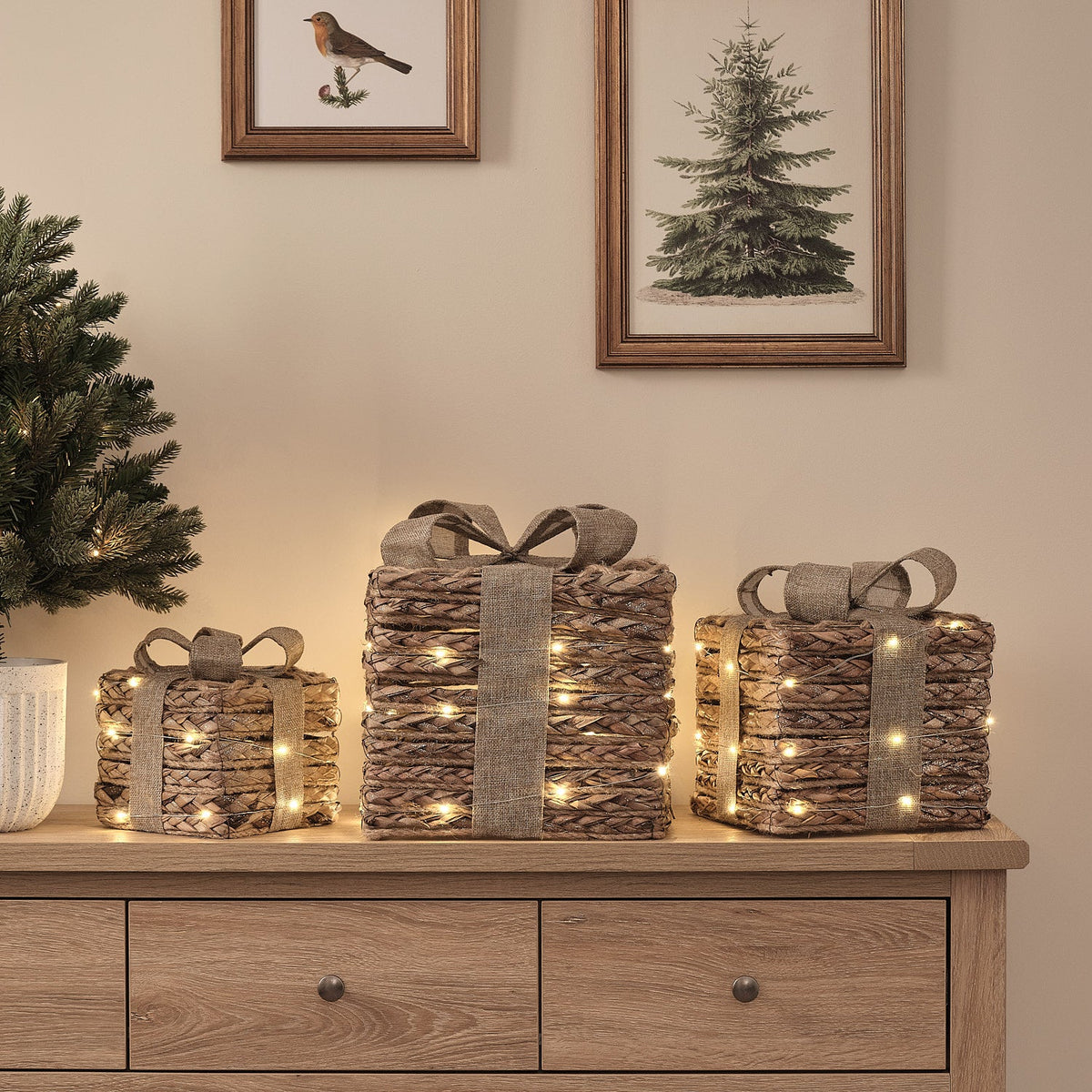 Set 3 Scatole Regalo in Iuta con Micro LED Luminose