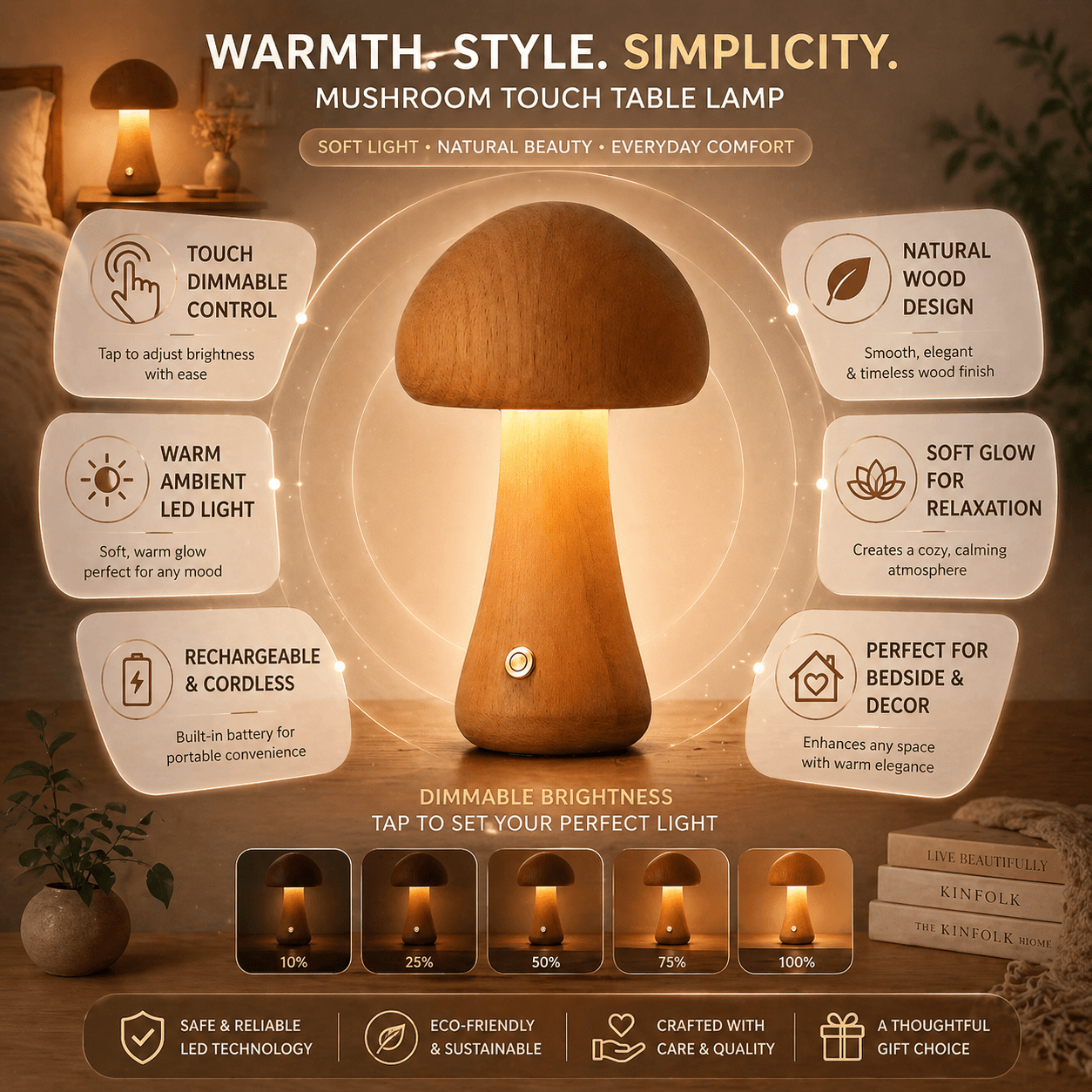 Table Lamp Mushroom Wood Bedside Touch Dimmable Light